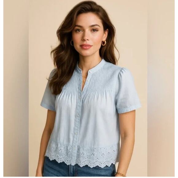 J Crew Lace Trim Pintuck Top M Blue NWT Voile Eyelet Top CK051 J.Crew Blouse - Picture 1 of 3